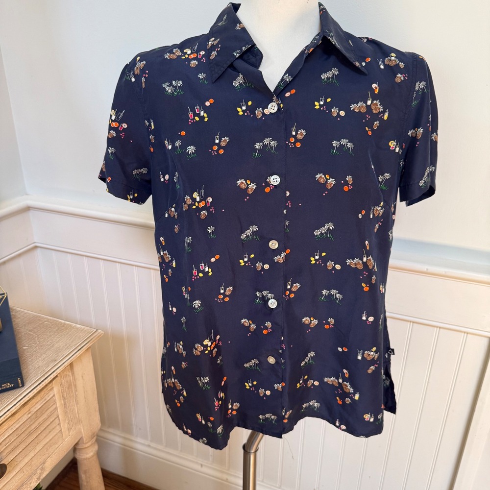 Liz Claiborne Womens Navy Blue 100% Silk Tropical Pineapple Palm Tree Shirt M